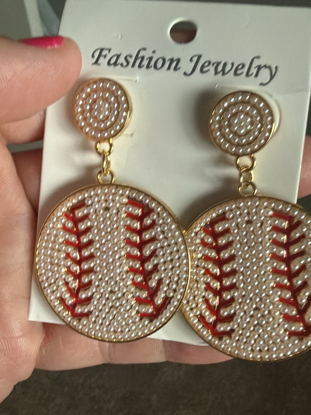 Fashion Jewelry Gold-Tone Pearl Baseball Drop Earrings with Red Stitching